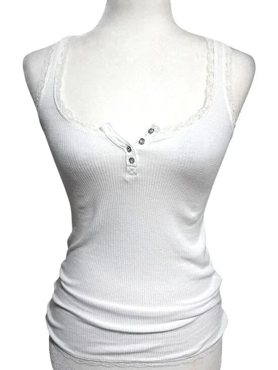 Aeropostale Henley Tank Top Lace Trim with Rhinestones Womens Size S White Waffl - Picture 1 of 10